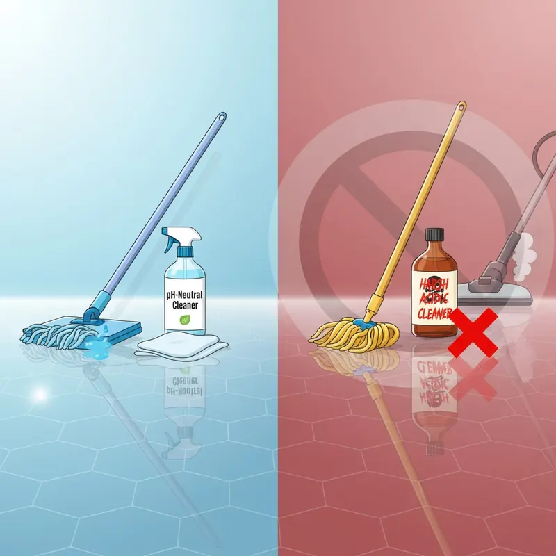 Illustration of essential tools for adamantine floor care: a flat microfiber mop, pH-neutral cleaner, and soft cloth. Traditional mops and harsh cleaners are shown with a 'no' symbol.