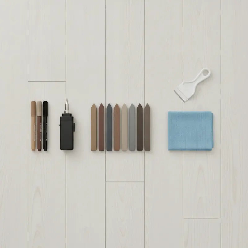 A top-down, 'knolling' style photograph of a DIY floor repair kit laid out neatly on a light wood background. The kit includes colored wax sticks, a small battery-powered melting tool, floor repair markers, a plastic scraper, and a clean microfiber cloth. The scene is well-lit, clean, and organized, conveying a sense of expertise and readiness for a DIY project. The focus is sharp on the tools, making them look professional and accessible.
