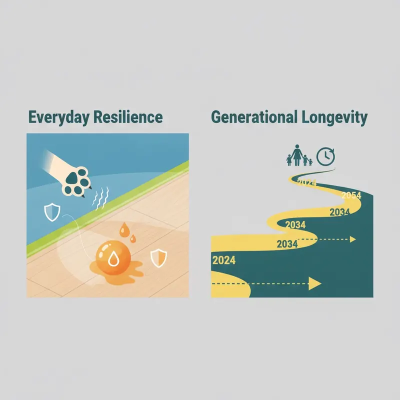 Infographic comparing Everyday Resilience (resisting scratches) vs. Generational Longevity (long lifespan) for flooring.