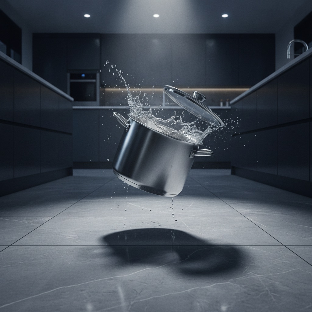 A dynamic photo of a stainless steel pot frozen mid-air, about to hit a pristine porcelain tile kitchen floor, illustrating the floor's extreme impact resistance.