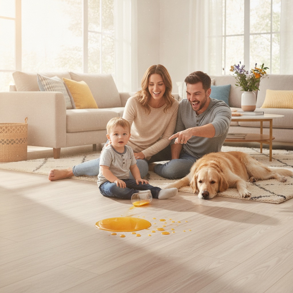 A family with a child and a dog happily playing on a durable, waterproof luxury vinyl floor, unconcerned about a juice spill which has beaded up on the surface.