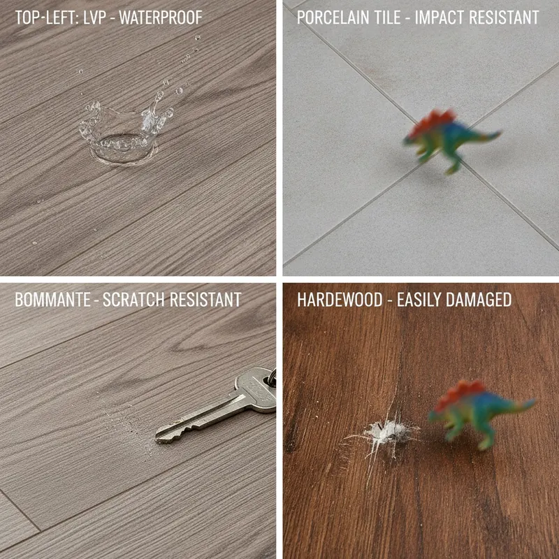 A four-quadrant comparison showing LVP, tile, laminate, and hardwood floors reacting to water, toys, and scratches.