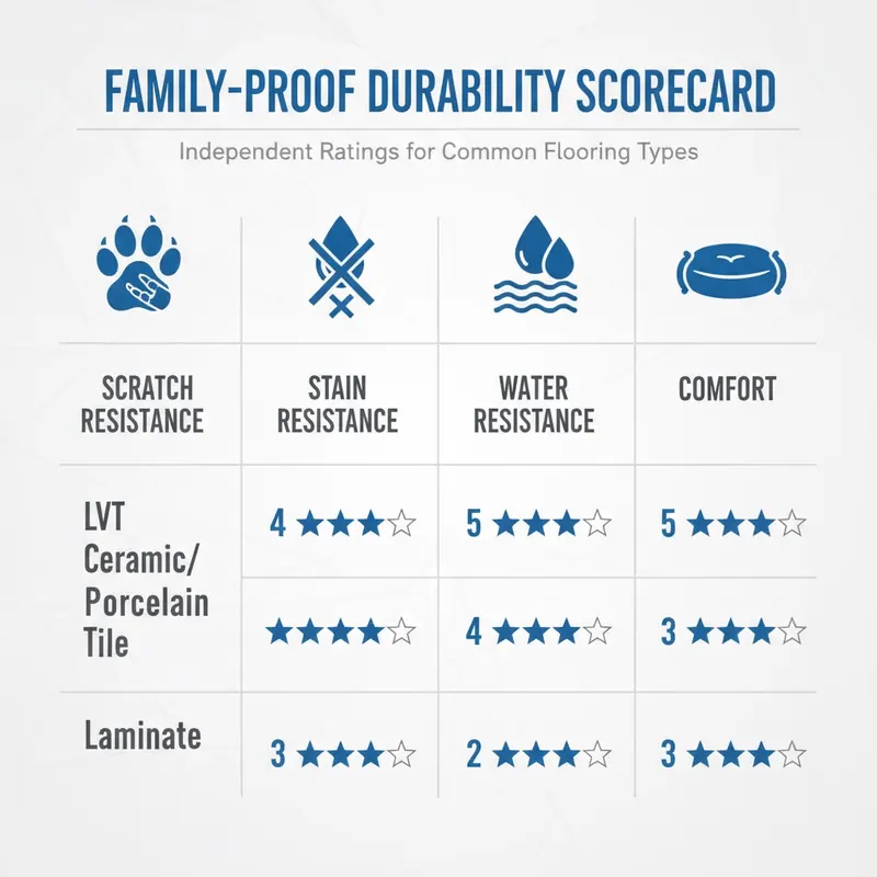 An infographic of the Family-Proof Durability Scorecard, showing icons for scratch, stain, water resistance, and comfort next to flooring types with star ratings.