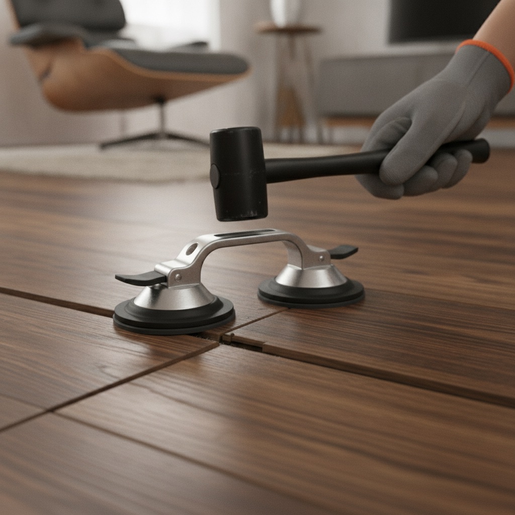A close-up action shot showing a heavy-duty suction cup being used with a mallet to tap a luxury vinyl plank back into place, closing a gap.