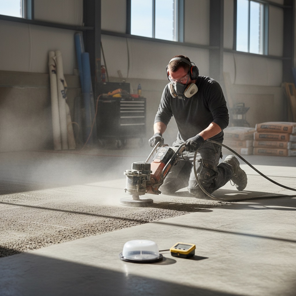 A realistic, eye-level photograph of a professional flooring installer meticulously preparing a concrete subfloor for an adamantine coating. The installer, wearing safety gear, is operating a diamond grinder or shot blaster, creating a textured, clean concrete surface. In the foreground, a small, subtle detail shows a moisture testing kit (e.g., a calcium chloride test) on the concrete. The background shows a clean, organized work area. The image should convey precision, expertise, and the critical nature of the task.