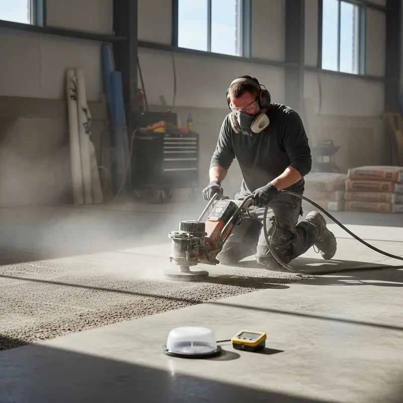 A realistic, eye-level photograph of a professional flooring installer meticulously preparing a concrete subfloor for an adamantine coating. The installer, wearing safety gear, is operating a diamond grinder or shot blaster, creating a textured, clean concrete surface. In the foreground, a small, subtle detail shows a moisture testing kit (e.g., a calcium chloride test) on the concrete. The background shows a clean, organized work area. The image should convey precision, expertise, and the critical nature of the task.