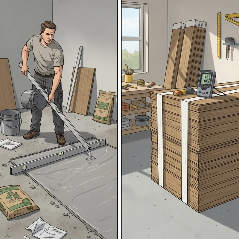 Illustration of a professional installer leveling a subfloor with self-leveling compound and flooring planks acclimating with a thermometer and hygrometer.