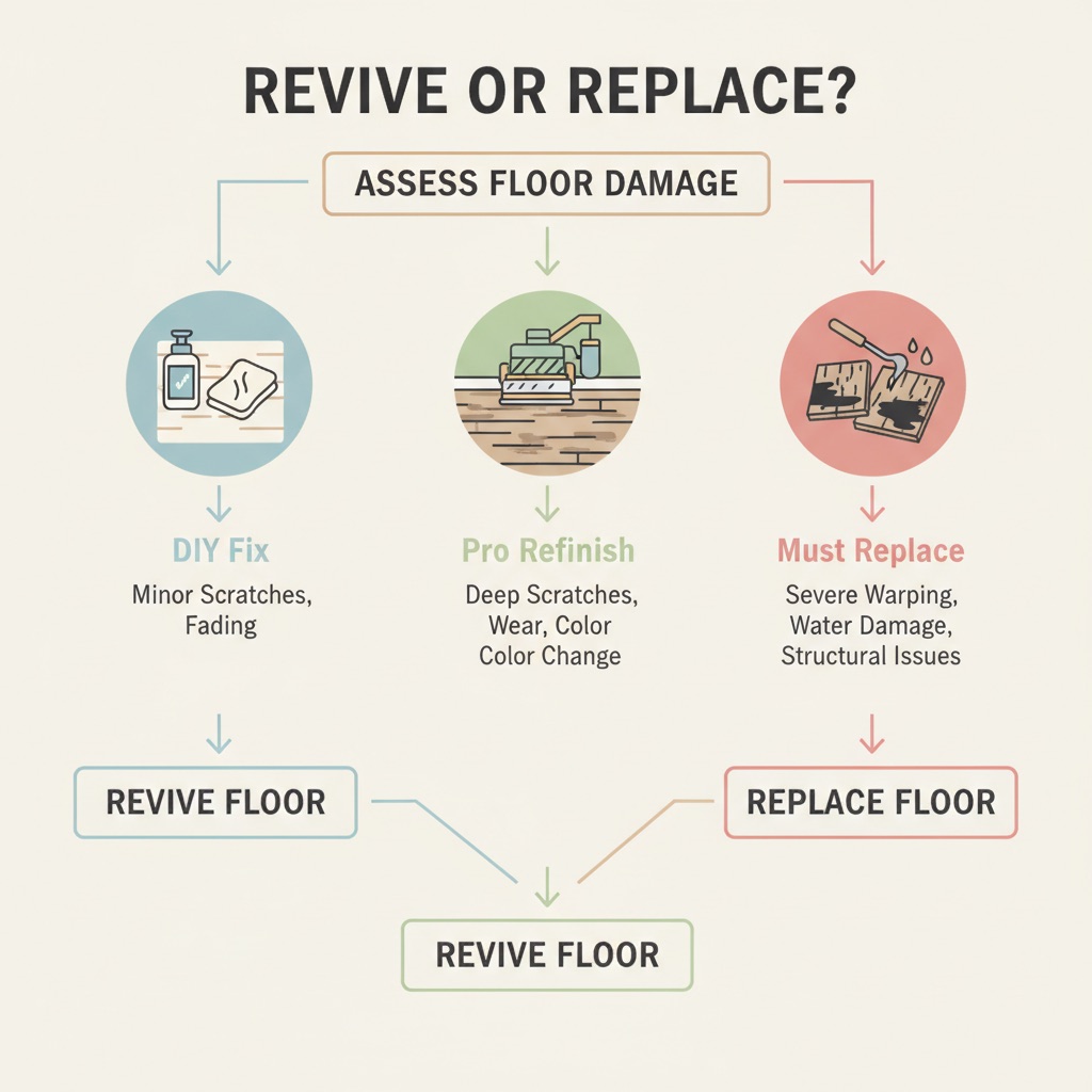 An infographic flowchart explaining when to repair, refinish, or replace a floor, with icons for DIY fix, pro refinishing, and complete replacement.