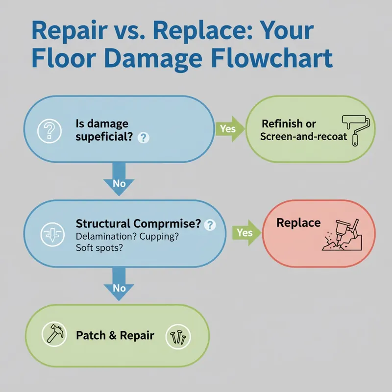 A flowchart titled 'Repair vs. Replace: Your Floor Damage Flowchart' guiding the user through questions about superficial vs. structural damage to determine if floor repair (refinishing) or full replacement is needed.