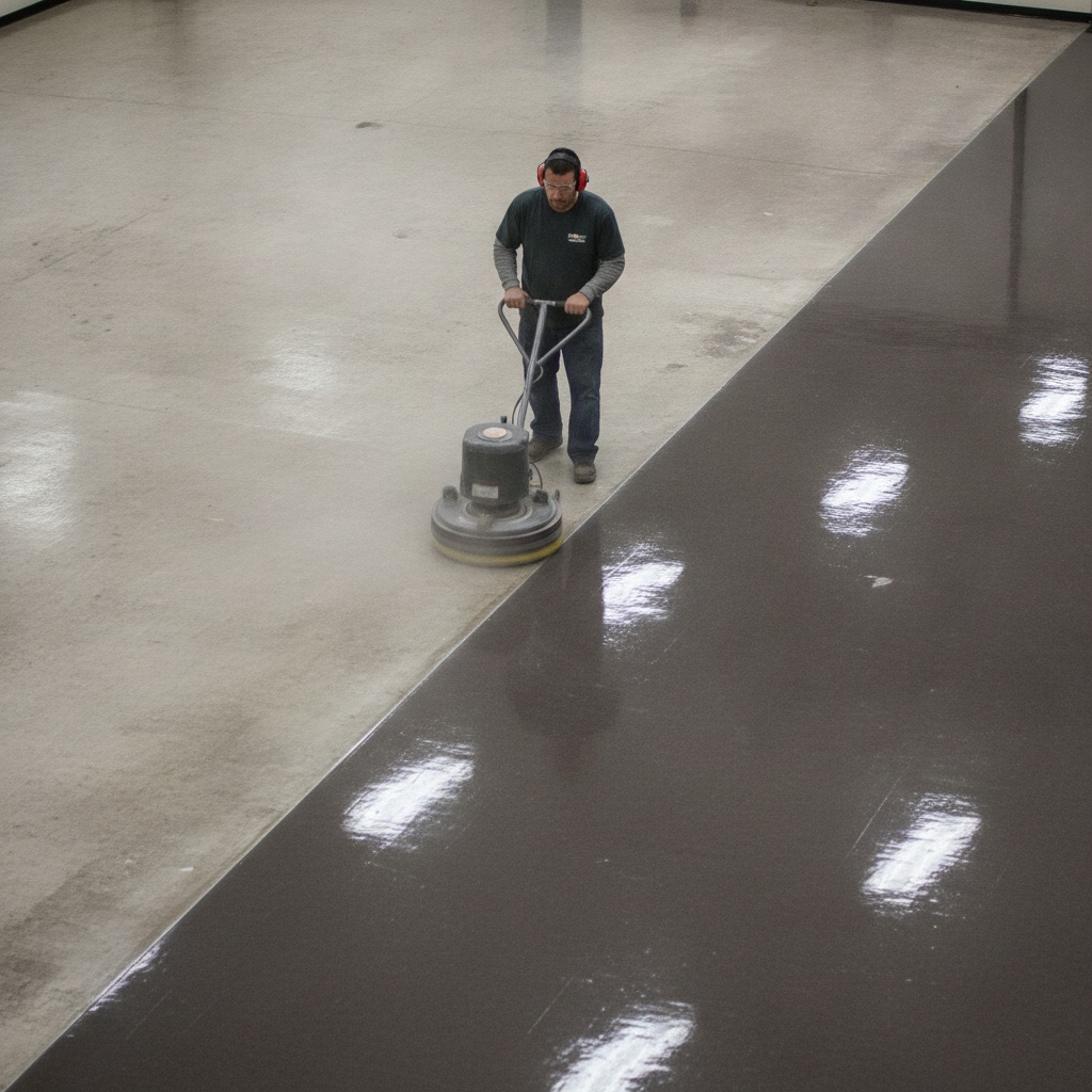 Split-screen image showing a floor buffer transforming a dull, scuffed floor into a high-gloss, mirror-like surface.