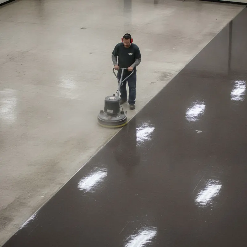 Split-screen image showing a floor buffer transforming a dull, scuffed floor into a high-gloss, mirror-like surface.