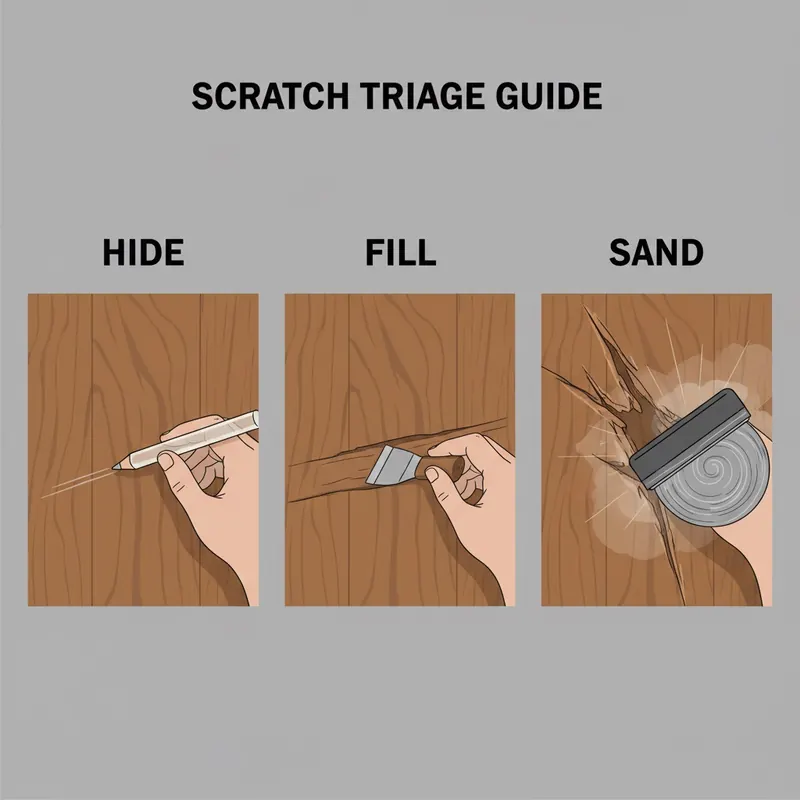 A clear, three-panel infographic illustrating the 'Scratch Triage Guide' for floor repair. Each panel shows a close-up of a floor surface with a specific type of scratch and the corresponding repair method. Panel 1 (Hide): A faint, white surface-level scratch on a wood floor, with a hand applying a blending pencil or clear finish. Panel 2 (Fill): A deeper scratch that has removed the stain and exposed lighter wood, with a hand applying color-matched wax filler or epoxy putty. Panel 3 (Sand): A wide, deep, splintered gouge on a large area, with an abstract representation of a floor sander or refinishing tool working over the damaged zone. Each panel is clearly labeled with 'Hide', 'Fill', and 'Sand'. Style: clean, illustrative, instructional.