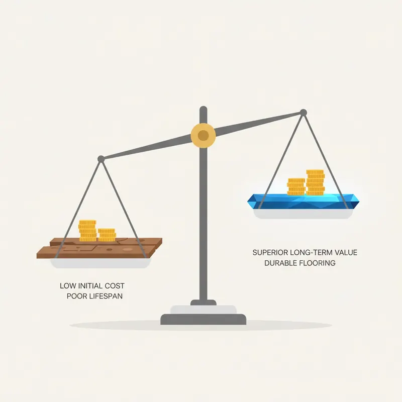 An infographic of a balance scale showing that a durable floor plank outweighs a larger stack of coins, symbolizing superior long-term value.