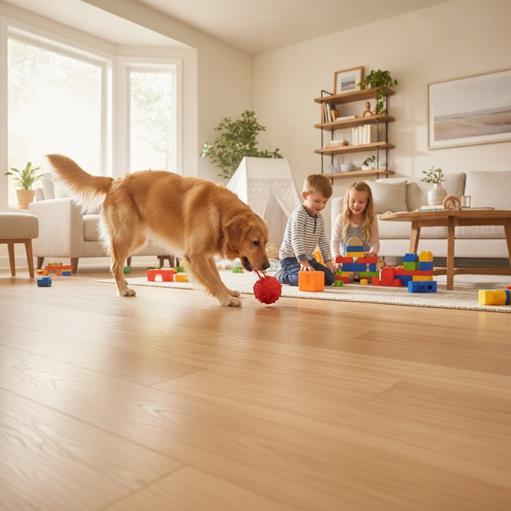 A family living room with a dog and children playing on a pristine Adamantine floor, demonstrating its durability against scratches and daily activity.