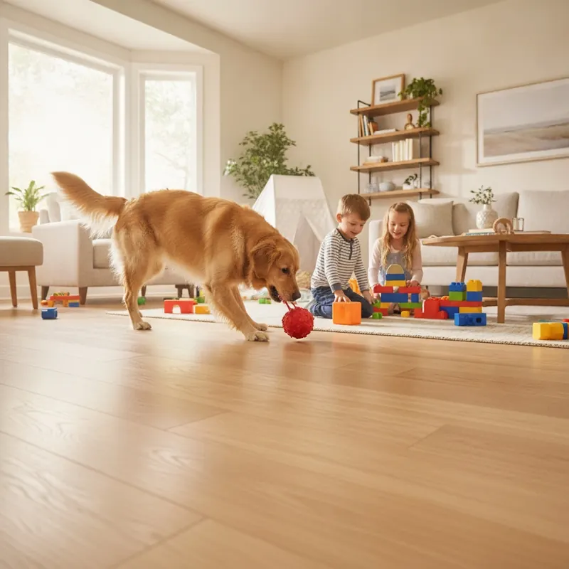 A family living room with a dog and children playing on a pristine Adamantine floor, demonstrating its durability against scratches and daily activity.