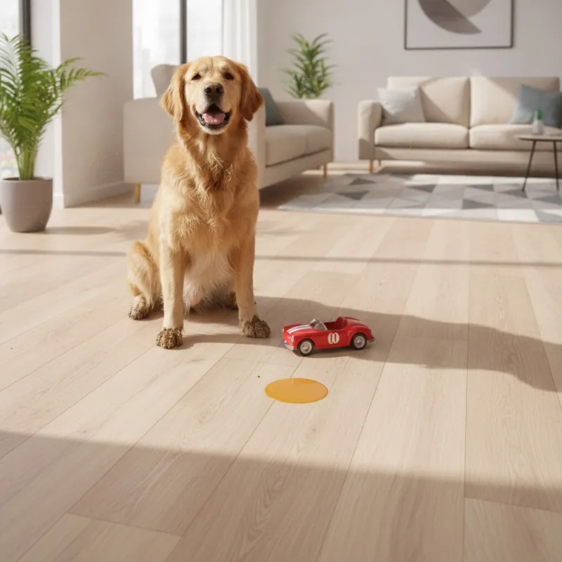 A durable SPC vinyl plank floor in a living room remains pristine despite a golden retriever with muddy paws, a dropped toy car, and a puddle of spilled juice beading on the surface.