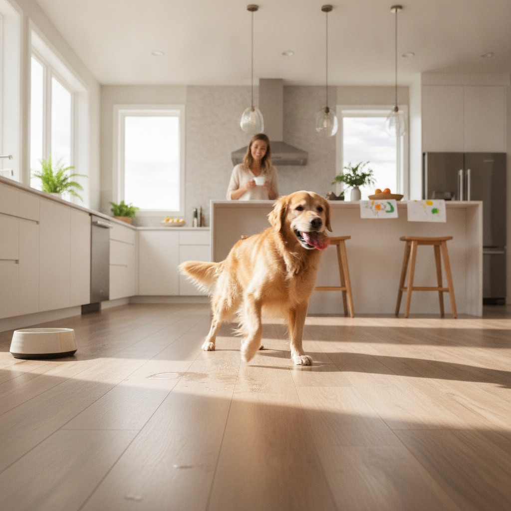 A golden retriever plays on a beautiful, unscratched wood-look floor in a sunlit kitchen, demonstrating the floor's durability for active family life with pets and spills.