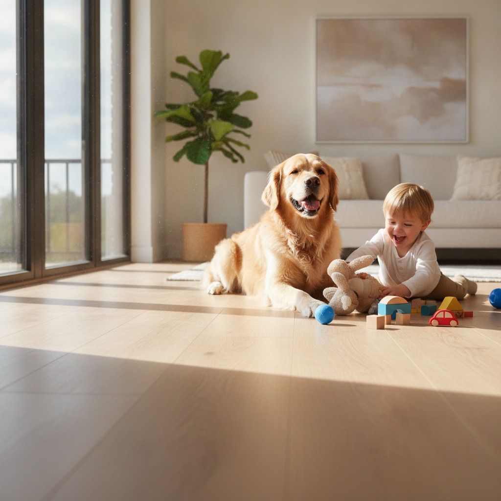 A happy dog and a child playing on a durable, light-colored laminate floor in a sunlit living room, demonstrating its scratch-resistance in a real-life setting.
