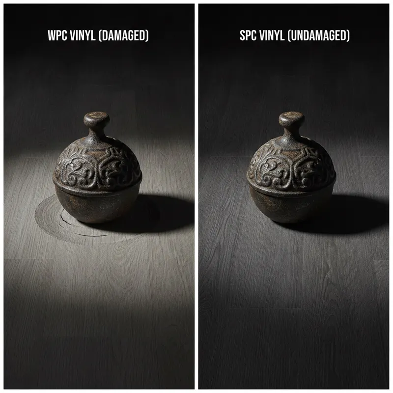 A dramatic, photorealistic split-panel image comparing flooring durability. On the left, a heavy, ornate cast-iron weight has created a significant, permanent dent in a standard WPC vinyl plank. On the right, the exact same weight sits harmlessly on a Stone Plastic Composite (SPC) vinyl plank, which remains perfectly flat and undamaged, highlighting its superior density and resilience. The lighting is focused to emphasize the dent on the left and the flawless surface on the right.