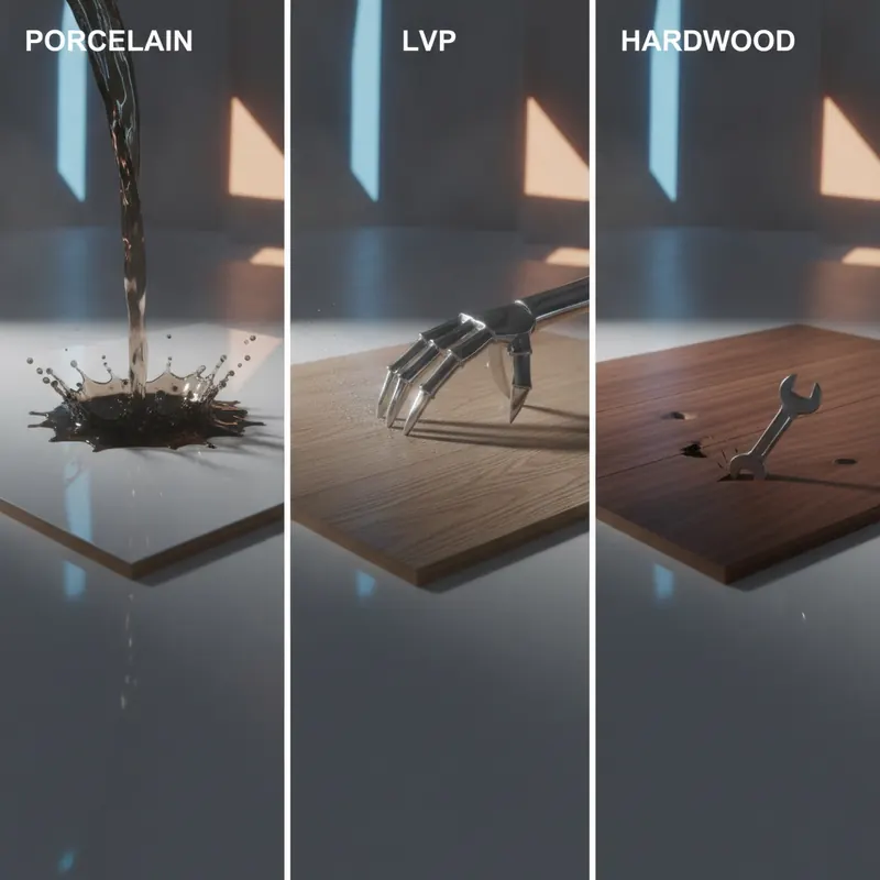 A side-by-side durability test showing porcelain tile repelling liquid, LVP resisting a scratch, and hardwood getting a minor dent.