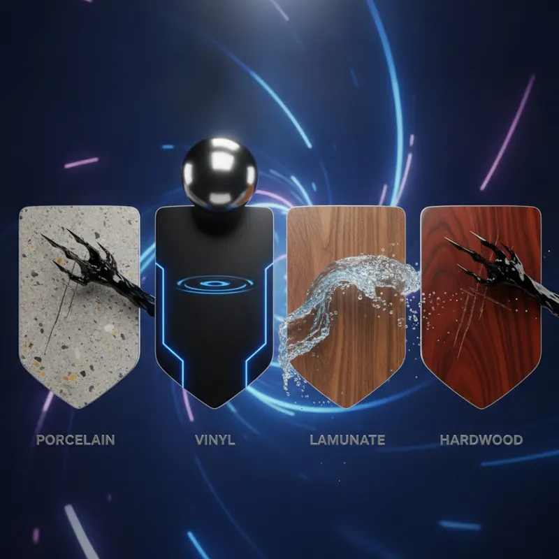 A stylized, conceptual image featuring four shields arranged side-by-side, each representing a different flooring material: porcelain tile (looks like stone), luxury vinyl (sleek and modern), laminate (wood grain texture), and hardwood (rich, natural wood). Each shield is being tested by a different force—a sharp claw, a falling heavy object, and splashing water—visually comparing their resistance.