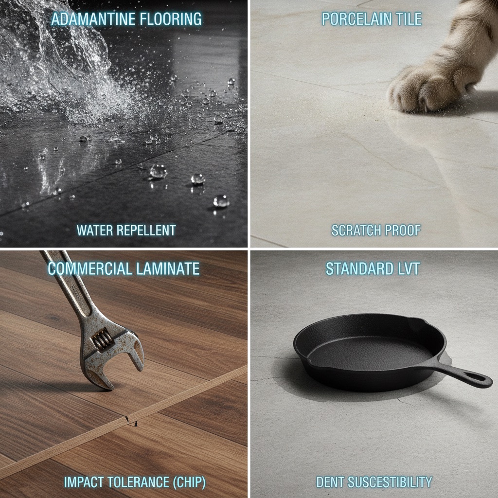 A four-panel image comparing flooring durability: Adamantine repels water, Porcelain resists scratches, Laminate chips, and LVT dents under stress.