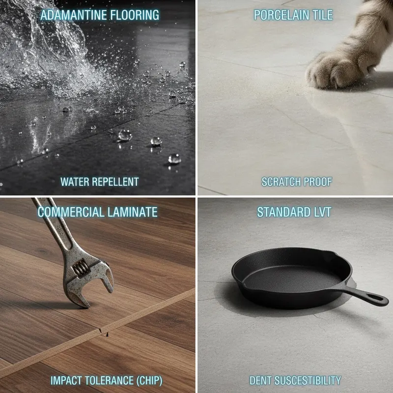 A four-panel image comparing flooring durability: Adamantine repels water, Porcelain resists scratches, Laminate chips, and LVT dents under stress.