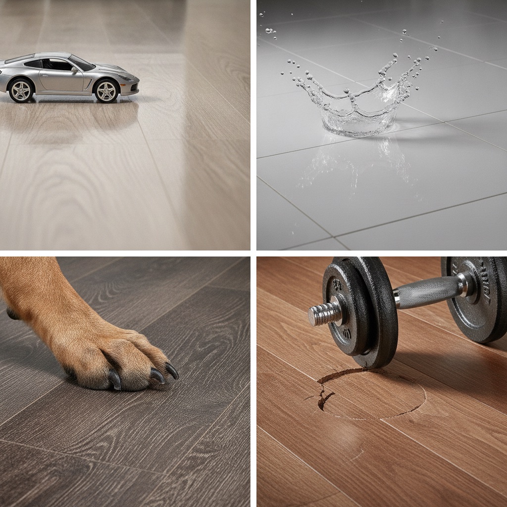 A four-panel image comparing flooring durability: laminate resisting scratches, tile repelling water, LVP unscratched by a dog's paw, and hardwood denting from impact.