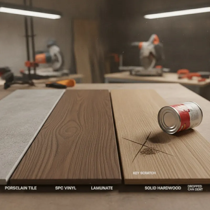 A photorealistic comparison of four flooring samples showing scratches and dents on hardwood while porcelain tile and SPC vinyl remain pristine after a durability test.