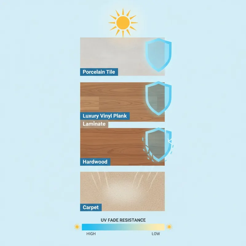 An infographic ranking flooring by fade resistance, showing porcelain tile and LVP with a protective shield against the sun, while hardwood and carpet are shown as more faded and vulnerable.