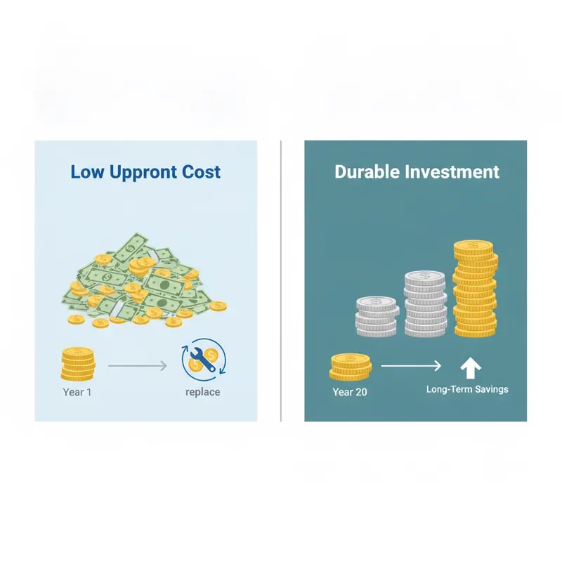 A clean, infographic-style illustration with a split-screen comparison. On the left, under the title 'Low Upfront Cost,' a small stack of coins at 'Year 1' grows into a much larger, messy stack of bills and coins at 'Year 20' with a 'replace' icon appearing in the middle. On the right, under 'Durable Investment,' a larger, neater stack of coins at 'Year 1' remains the same size at 'Year 20,' demonstrating long-term savings.