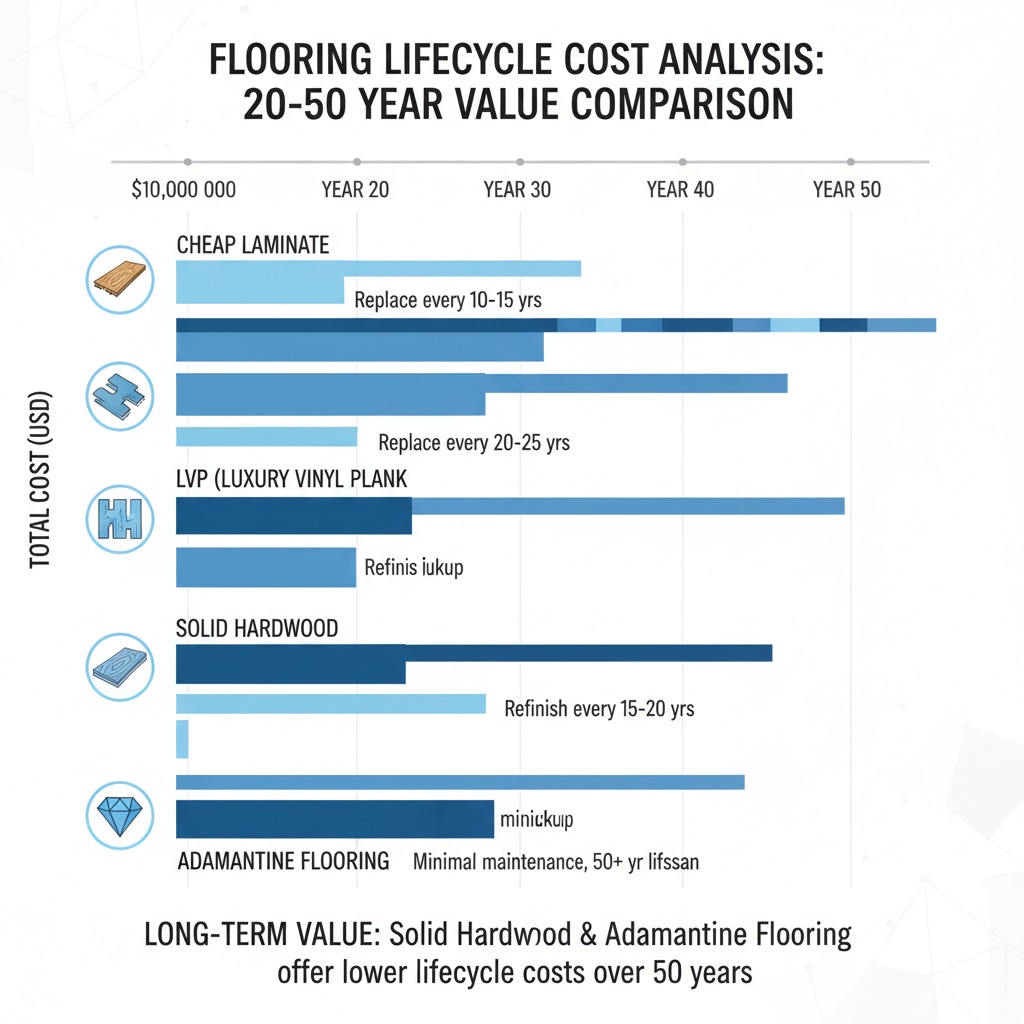 Infographic comparing Lifecycle Cost Analysis (LCA) for different flooring types over 20-50 years, showing initial vs. total cost including maintenance and replacement.