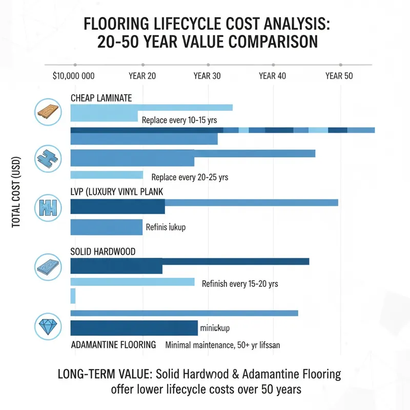 Infographic comparing Lifecycle Cost Analysis (LCA) for different flooring types over 20-50 years, showing initial vs. total cost including maintenance and replacement.