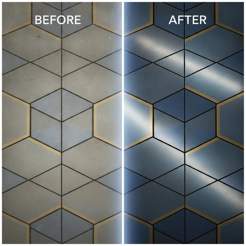 A split-screen comparison showing a floor before and after restoration. The before side is dull and blurry, while the after side is vibrant and clear.