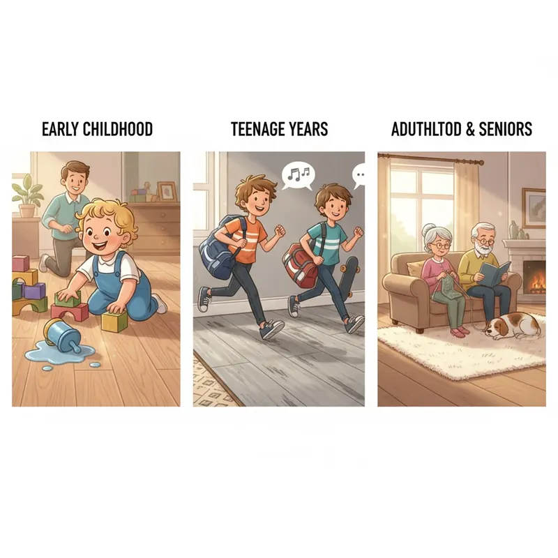 Multi-panel illustration showing ideal flooring solutions for different family stages, from toddlers on LVP/linoleum to teenagers on durable laminate with acoustic underlayment.