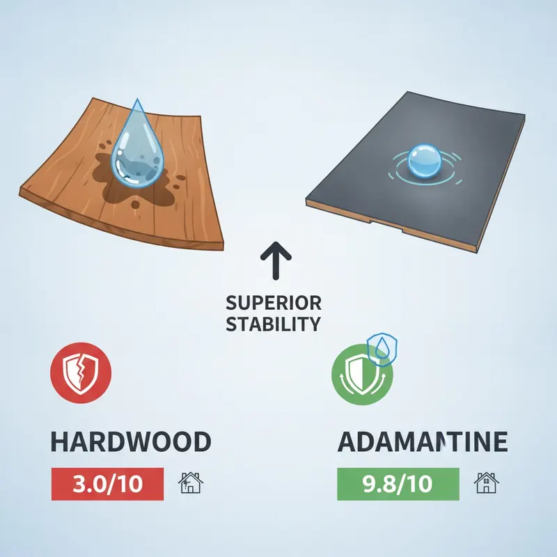 An infographic comparing vulnerable, warping hardwood with a low stability score to stable, water-resistant Adamantine flooring with a high stability score.