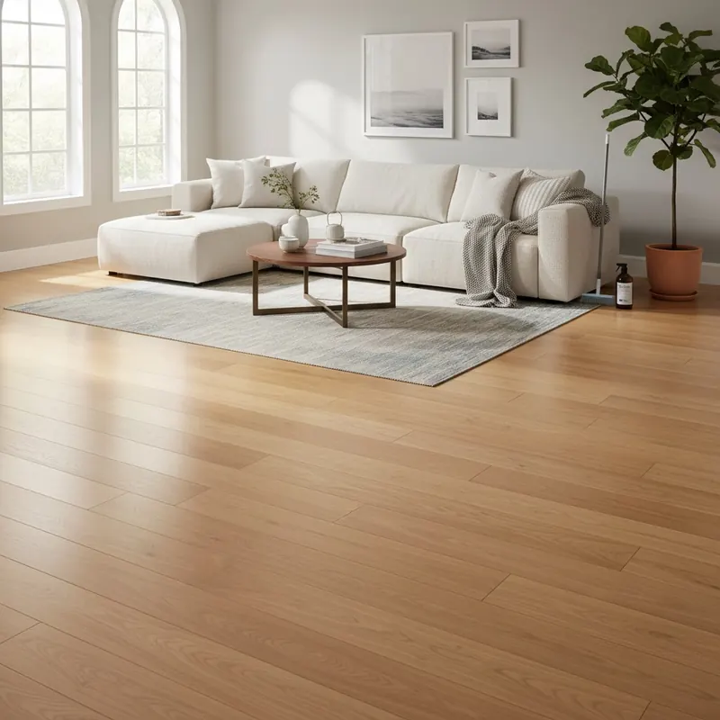 Image of a living room with a pristine, unfaded floor featuring extra-long planks, demonstrating aesthetic longevity and UV resistance.