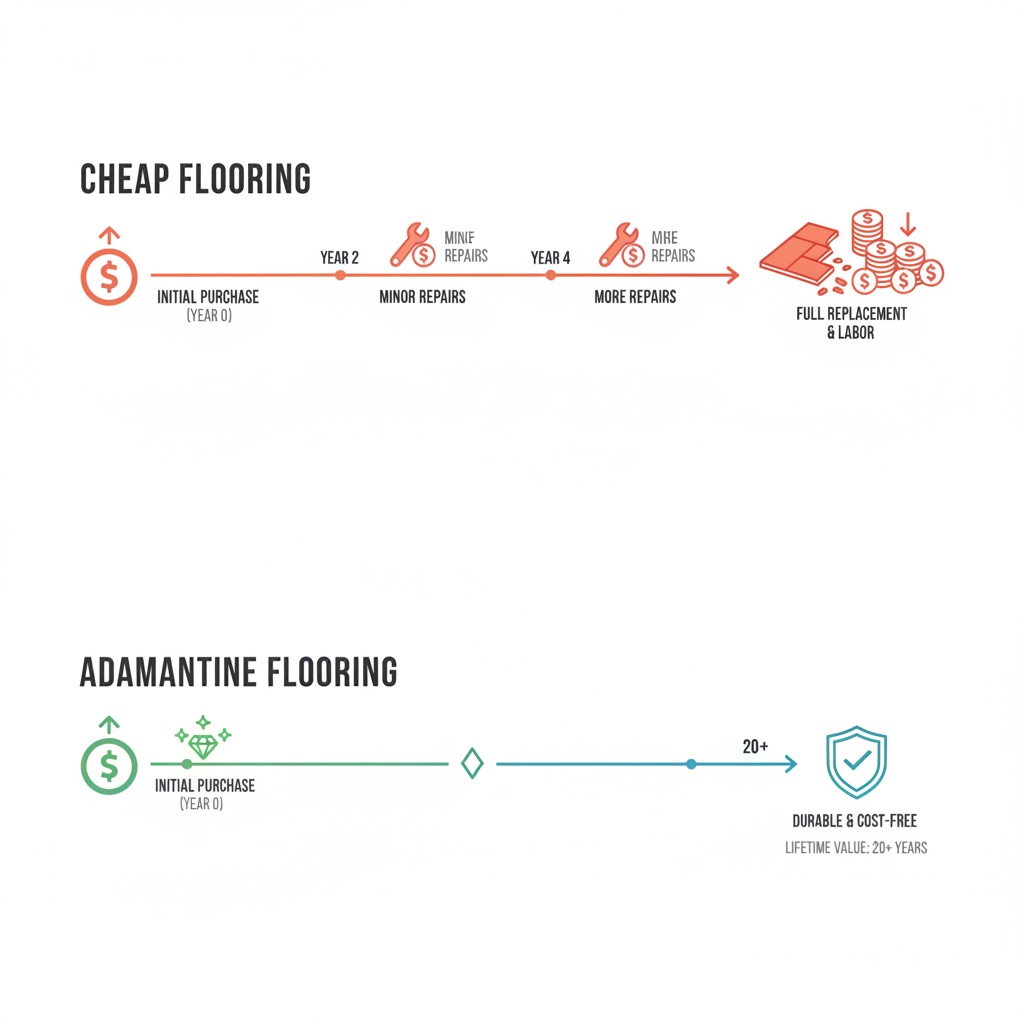 Infographic comparing the total cost of ownership of cheap flooring vs. durable Adamantine flooring over 20 years, showing the latter is a better investment.