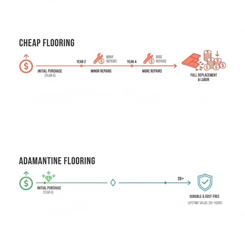 Infographic comparing the total cost of ownership of cheap flooring vs. durable Adamantine flooring over 20 years, showing the latter is a better investment.