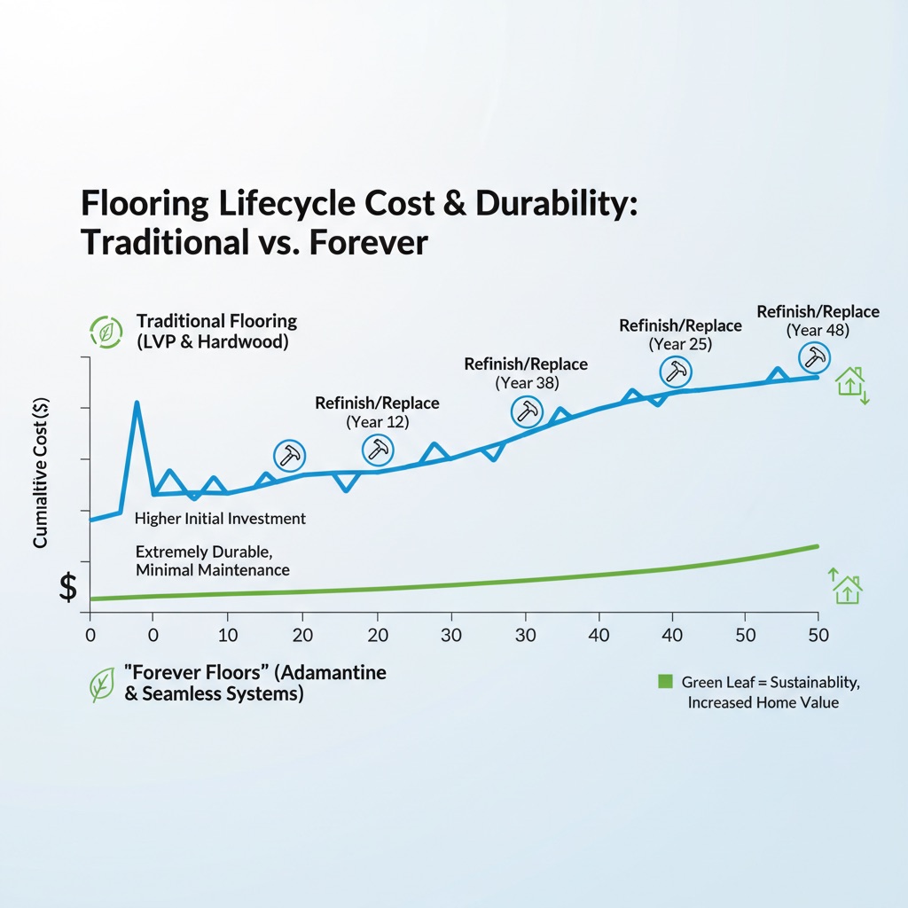 A clean, modern infographic comparing the lifecycle costs and durability of traditional flooring versus 'Forever Floors' over a 50-year timeline, showing traditional floors with multiple cost spikes and Forever Floors with a consistently low cost after initial investment, with icons for sustainability and increased home value.