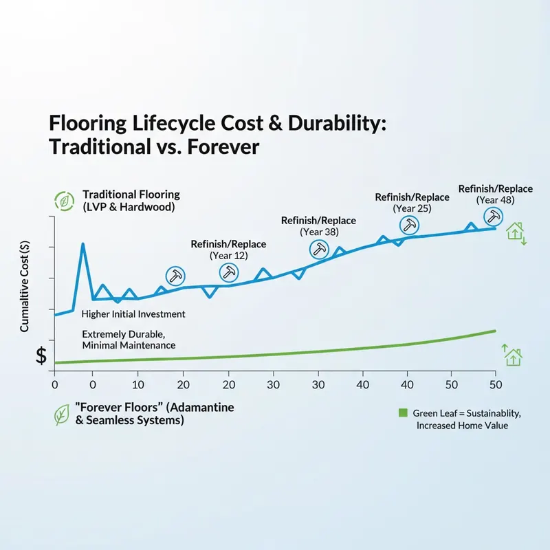 A clean, modern infographic comparing the lifecycle costs and durability of traditional flooring versus 'Forever Floors' over a 50-year timeline, showing traditional floors with multiple cost spikes and Forever Floors with a consistently low cost after initial investment, with icons for sustainability and increased home value.