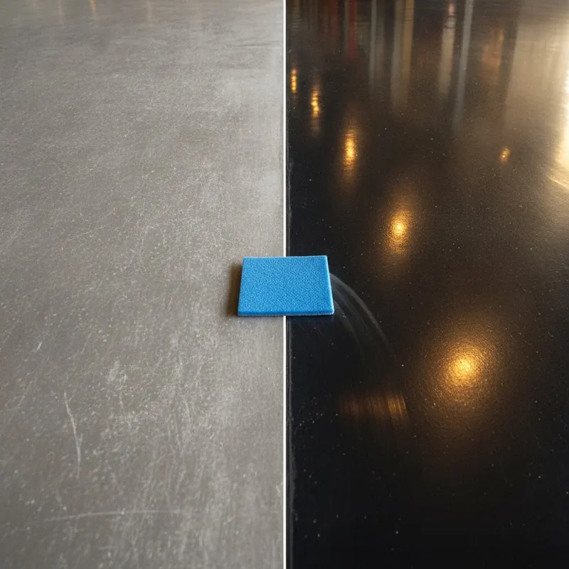 A dramatic before-and-after image of a floor. The left side is dull and hazy, while the right side has a deep, glossy shine, with a microfiber applicator pad on the dividing line.