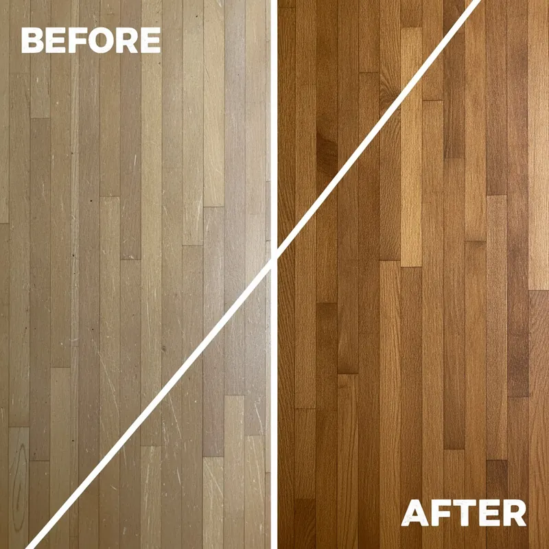 A split-screen image comparing a faded, scratched hardwood floor before restoration to the same floor after being refinished, showing a rich, smooth, and vibrant surface.