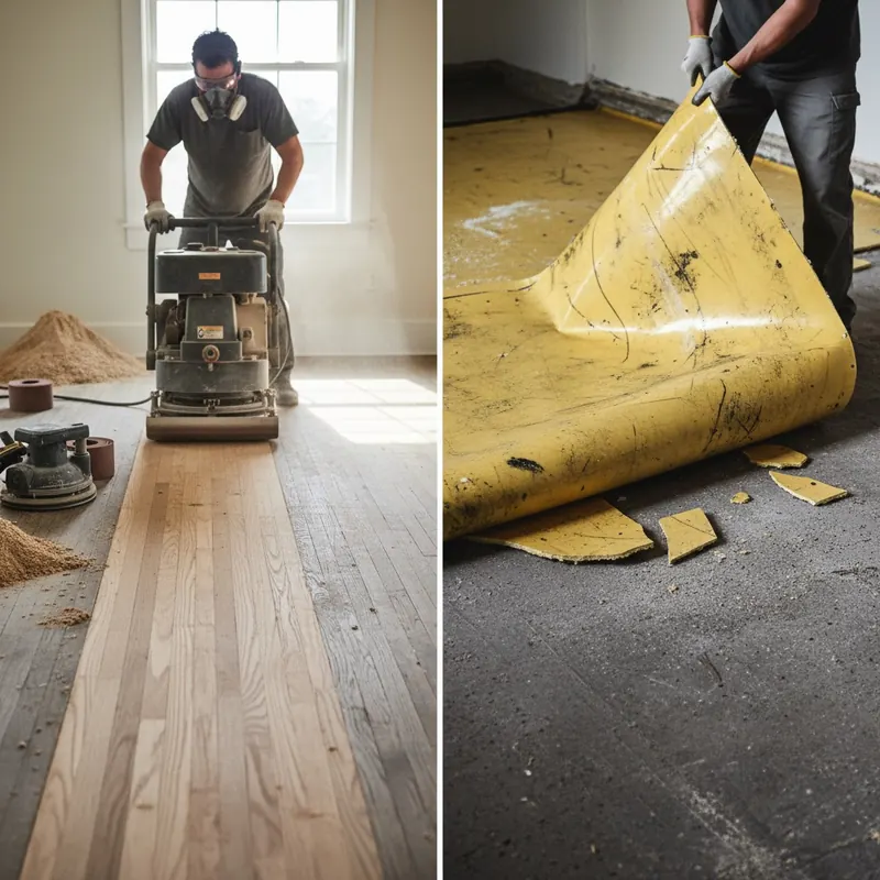 A comparative split image. On the left side, a skilled professional is actively sanding a faded hardwood floor, revealing the original, vibrant wood color underneath. Tools like a drum sander are visible, and sawdust is in the air. On the right side, a severely yellowed and degraded synthetic floor (e.g., LVP or epoxy) is shown, with a section being peeled up or removed, clearly indicating it's beyond repair. The contrast should be stark.