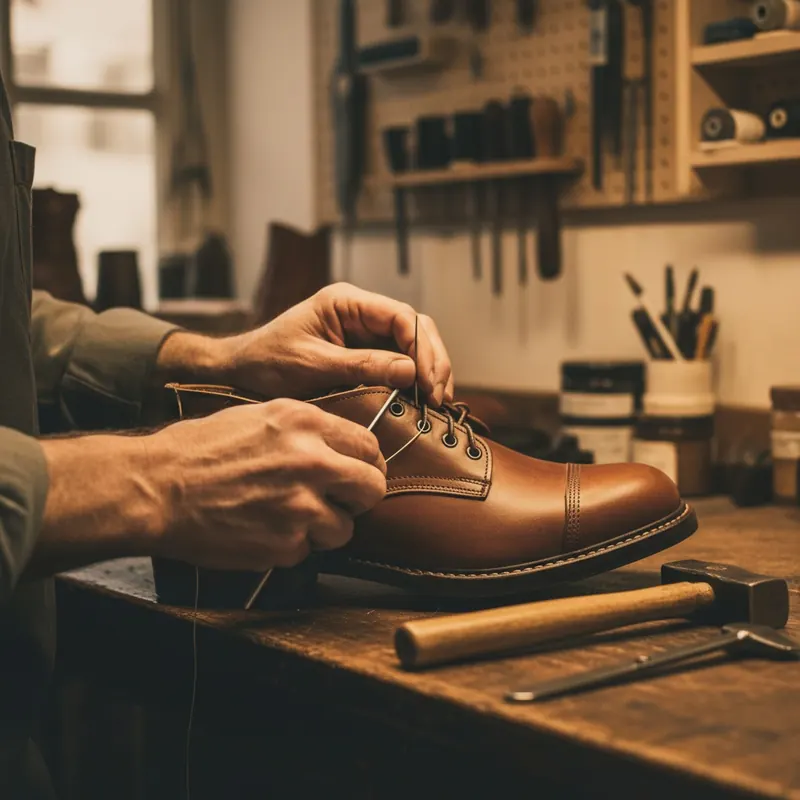 A close-up photograph of artisan hands performing dovetail joinery on wood or a Goodyear welt stitch on a leather boot, highlighting intricate details and tools.