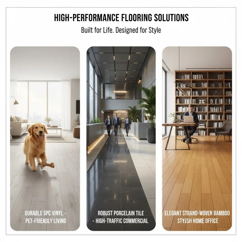 A multi-panel or collage style illustration showcasing diverse high-performance flooring solutions in their typical environments. One panel shows a happy large dog playing on a durable SPC vinyl floor in a modern living room. Another panel shows a busy commercial lobby with sleek, robust porcelain tile, with people walking across it. A third panel could show a modern kitchen or home office with elegant, strand-woven bamboo flooring. The overall aesthetic should be bright, clean, and inviting, highlighting the longevity and suitability of each flooring type for different lifestyles and traffic levels.