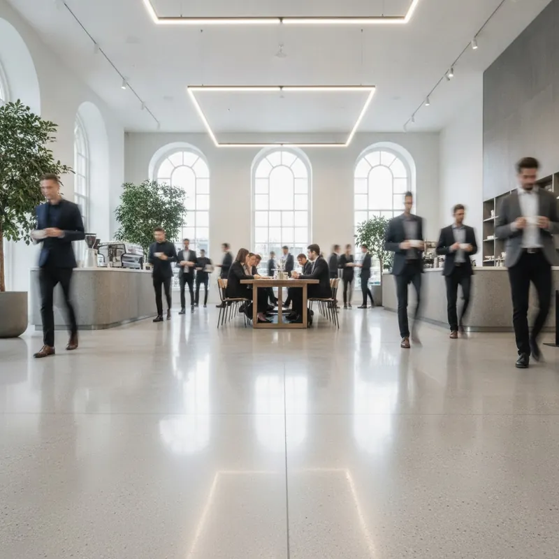 A pristine, polished concrete or LVT floor in a busy, modern commercial lobby with people walking, demonstrating its durability in a high-traffic setting.