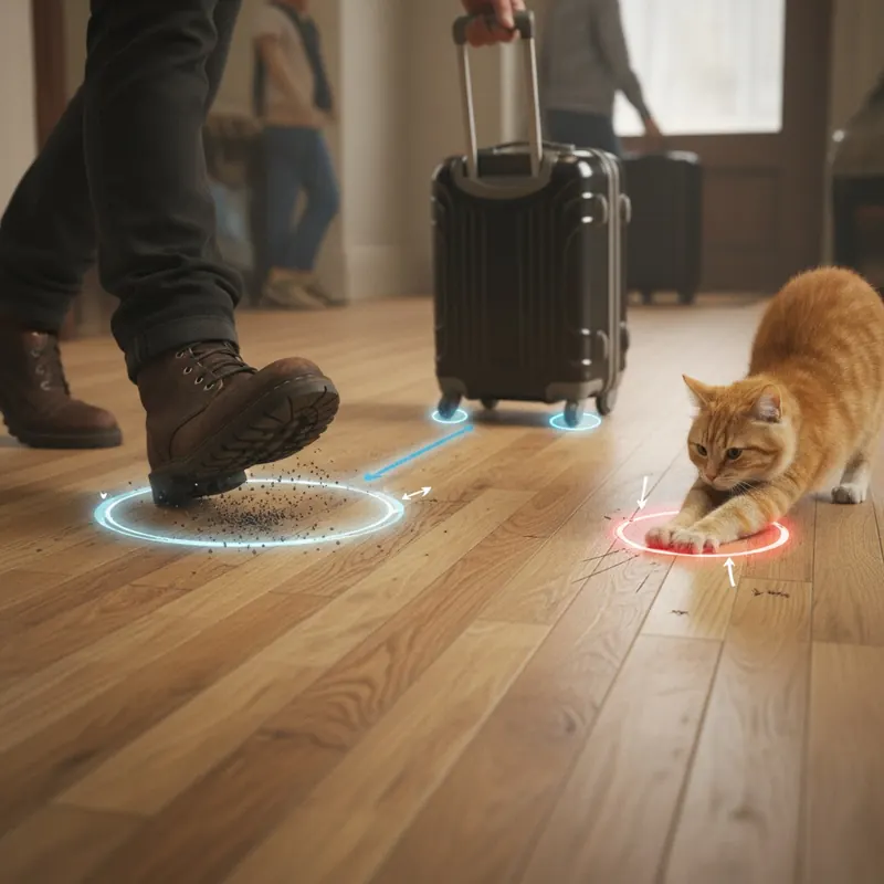 An illustration showing common causes of floor damage in a high-traffic entryway, including a foot pivoting with tracked-in grit, a rolling suitcase wheel, and pet claws, highlighting wear trails in these specific areas.