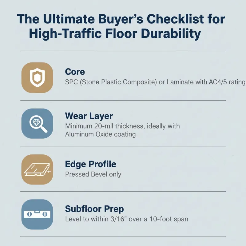 An infographic checklist summarizing key features for high-traffic floor durability: SPC/AC4-AC5 core, 20-mil+ wear layer, pressed bevels, and level subfloor.