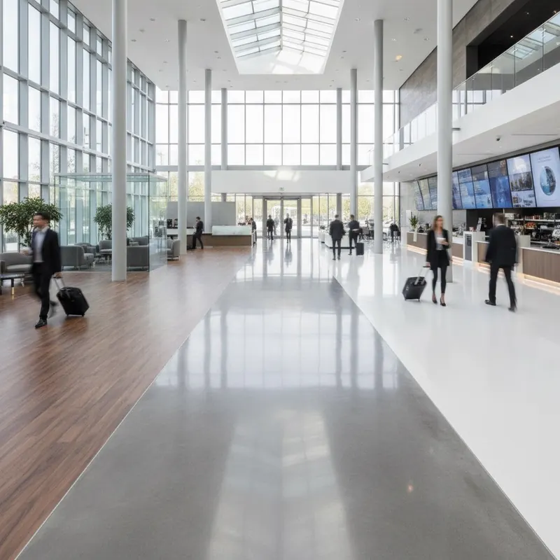 A commercial lobby floor shown in three sections: luxury vinyl tile, polished concrete, and seamless epoxy.